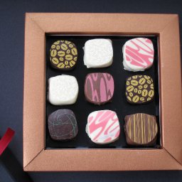 a box of mixed fruity, nutty & coffee ganache