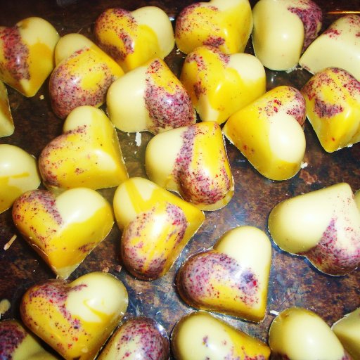 moulded chocolates swiped with berry powders