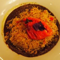 Vegetarian Cuban rice on mole mulato and roasted Dutch pepper